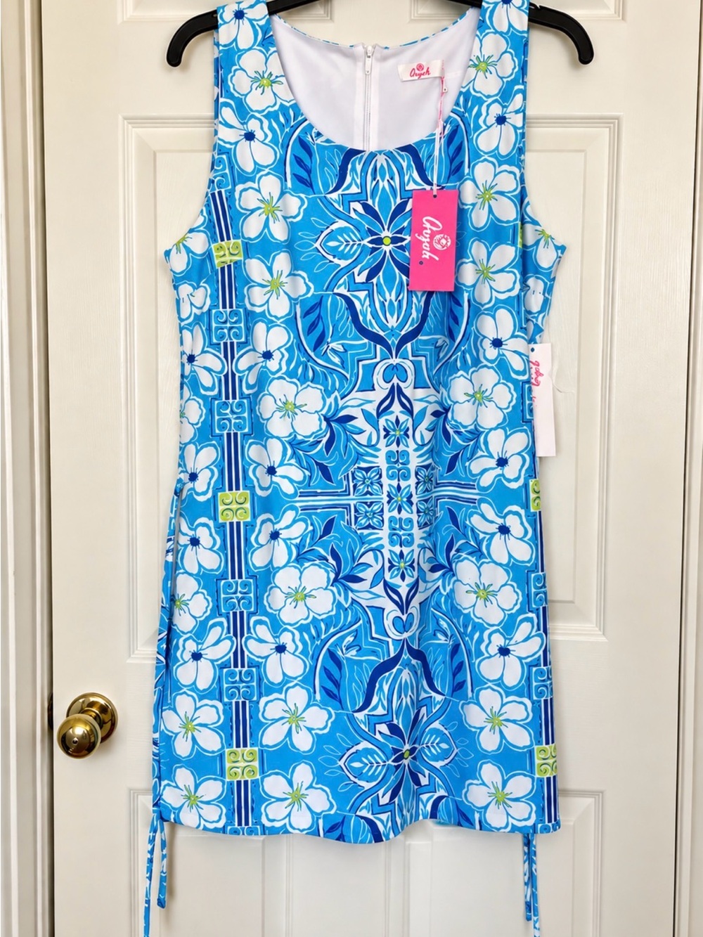 Cotton blend sleeveless shift dress, Aryeh Sweetheart Romper, blue floral print